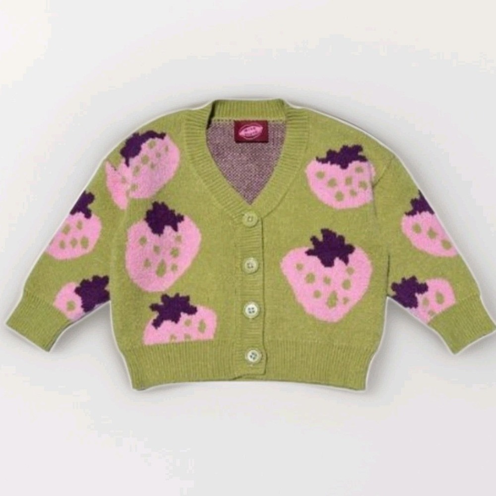 Cottagecore Milk Teeth Strawberry Cardigan Kids 7/8 Green Pink Knit Sweater